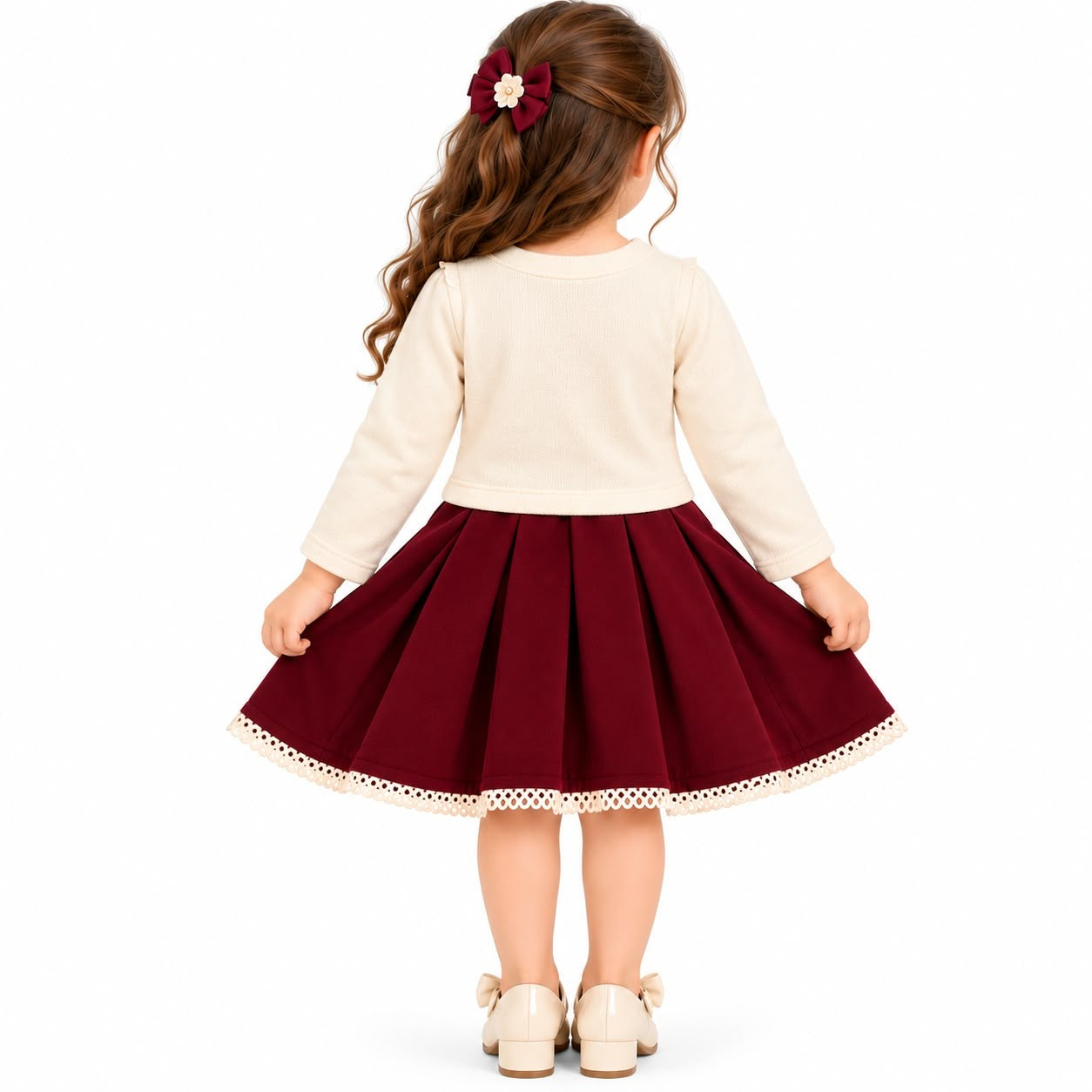 Girls' Cream Lace-Collar Top & Maroon Pleated Skirt Set