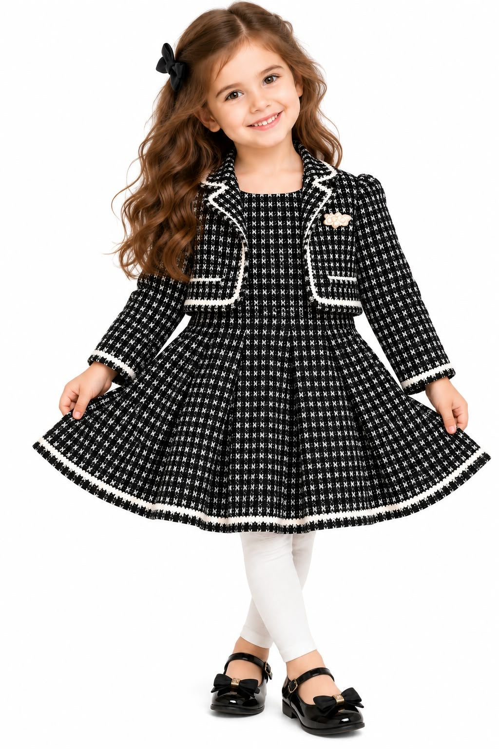 Girls' Black & White Tweed Blazer Jacket & Pleated Dress Set