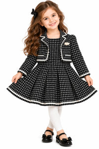 Girls' Black & White Tweed Blazer Jacket & Pleated Dress Set