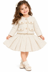Girls' Pearl-Trimmed Off-White Tweed Jacket & Pleated Skirt Set