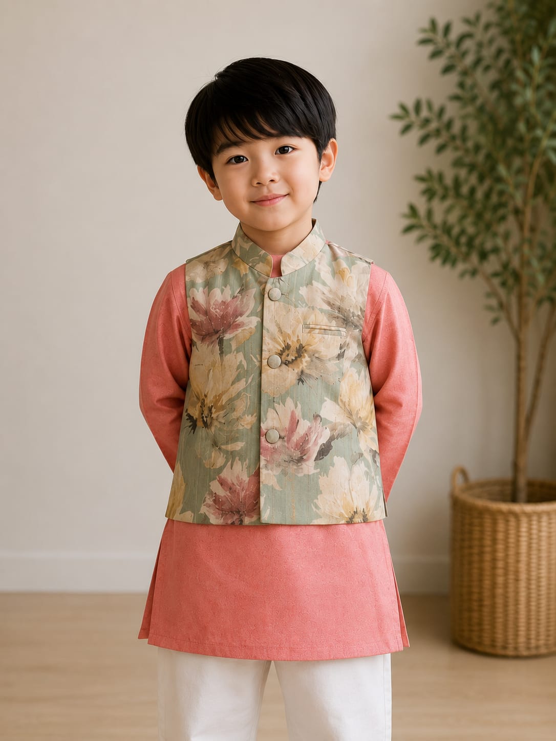 Dusty Rose Long Kurta with Silk Floral Print Nehru Jacket - 3 pc Set