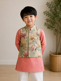 Dusty Rose Long Kurta with Silk Floral Print Nehru Jacket - 3 pc Set