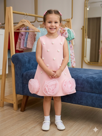 Girls' Pink Scuba Party Dress with 3D Hearts & Organza Rosettes