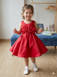 Classic Crimson Satin A-Line Party Frock with Statement Front Bow