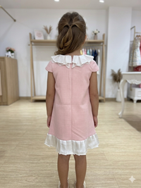Girls' Pastel Pink Princess Dress with Pleated Lace Collar ✨