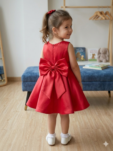 Classic Crimson Satin A-Line Party Frock with Statement Front Bow