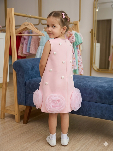 Girls' Pink Scuba Party Dress with 3D Hearts & Organza Rosettes