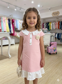 Girls' Pastel Pink Princess Dress with Pleated Lace Collar ✨