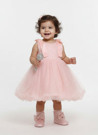 Girls' Shimmering Pastel Pink Tulle A-Line Dress with Shoulder Bow Accents