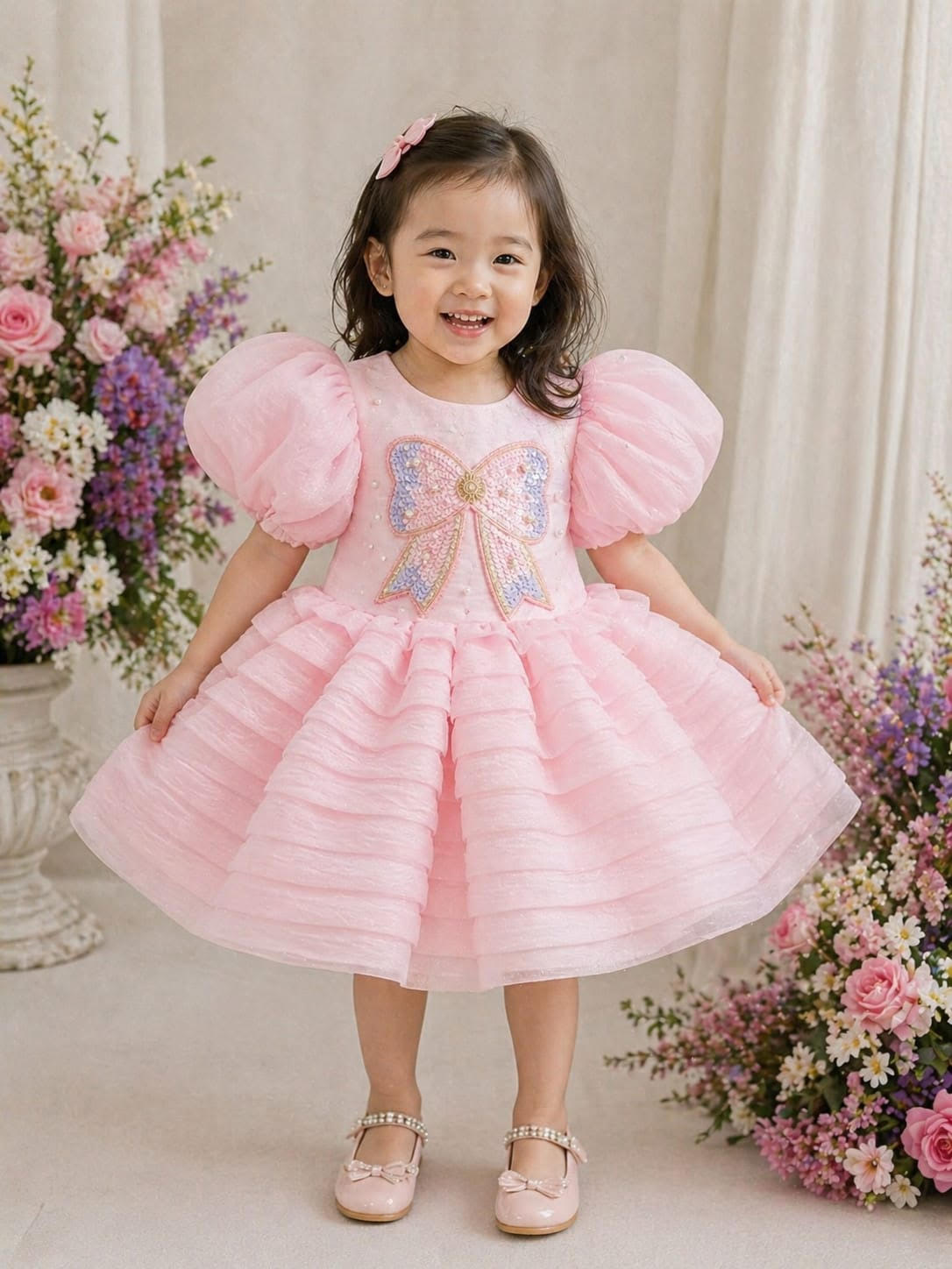 Dreamy Pink Tiered Organza Ball Gown with Sequin Bow