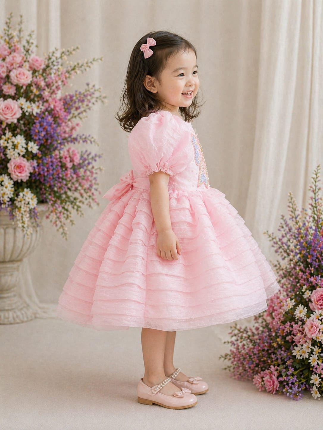 Dreamy Pink Tiered Organza Ball Gown with Sequin Bow