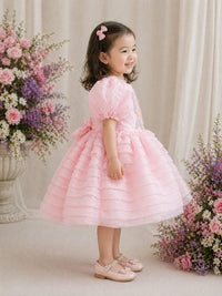 Dreamy Pink Tiered Organza Ball Gown with Sequin Bow