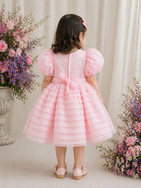 Dreamy Pink Tiered Organza Ball Gown with Sequin Bow
