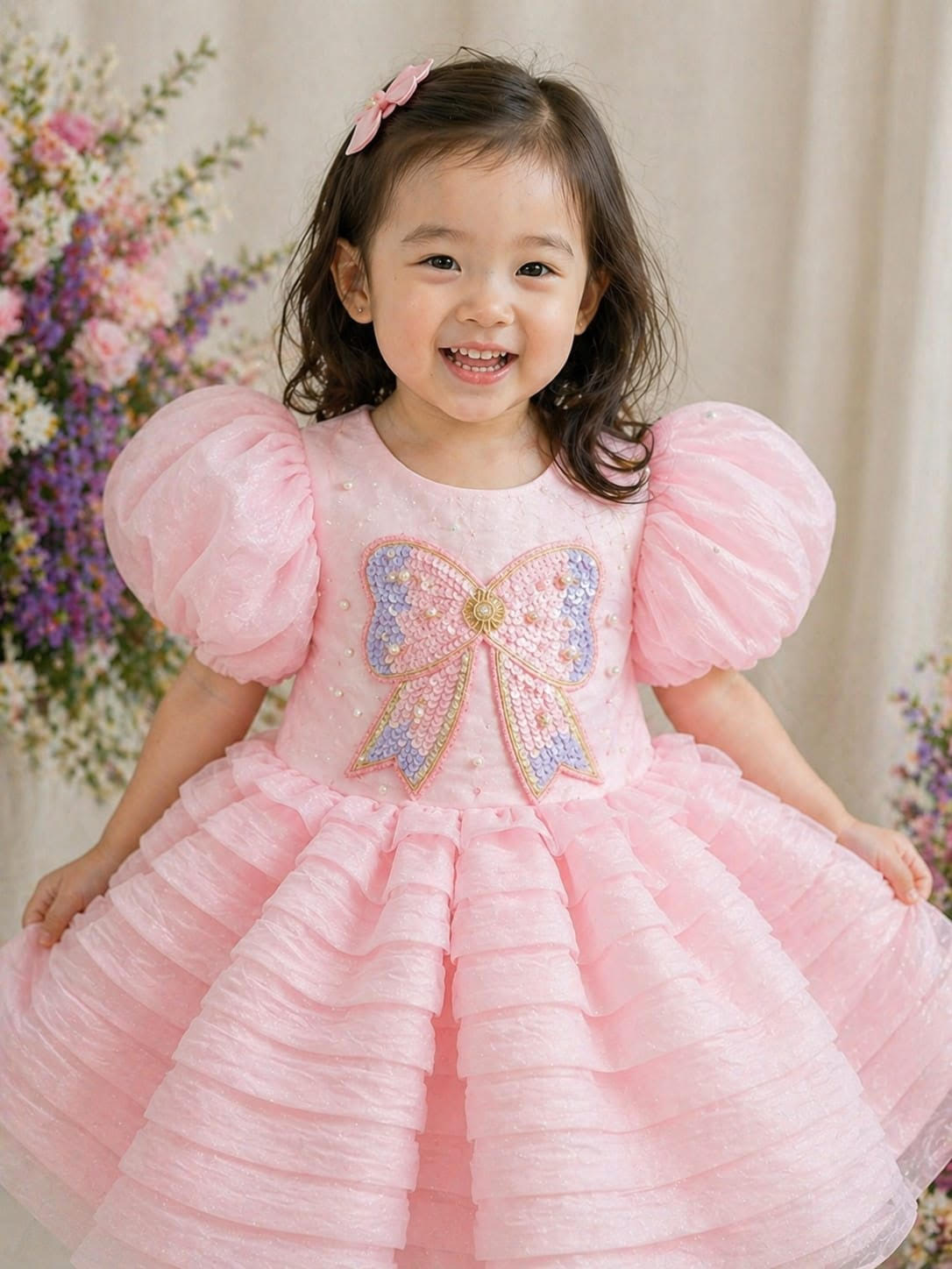 Dreamy Pink Tiered Organza Ball Gown with Sequin Bow